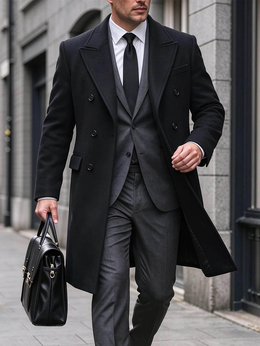 Manfinity Bizformal Men's Solid Color Long Sleeve Casual Elegant Double-Breasted Overcoat Formal Evening Party Black Fall - Black - View 1