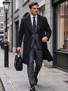 Manfinity Bizformal Men's Solid Color Long Sleeve Casual Elegant Double-Breasted Overcoat Formal Evening Party Black Fall - Black - View 7