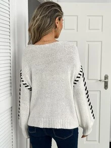 LUMIGAL V-Neck White And Black Thick Rope Hand-Stitched Contrast Color Lantern Sleeve Ribbed Hem Lazy Women's Sweater Brunch Going Out Autumn Casual - White - View 2