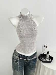 Elamini Women's Grey Sexy Casual Fashion Shiny Sequin Daily Commute Date Party Everyday Homewear Outfit Summer/ High Neck Halter Sweater Vest Tank Top - Grey - View 6