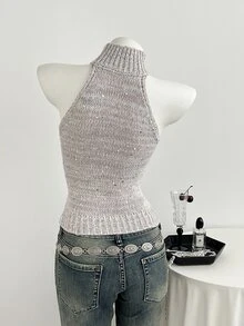 Elamini Women's Grey Sexy Casual Fashion Shiny Sequin Daily Commute Date Party Everyday Homewear Outfit Summer/ High Neck Halter Sweater Vest Tank Top - Grey - View 2