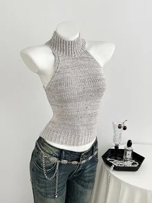 Elamini Women's Grey Sexy Casual Fashion Shiny Sequin Daily Commute Date Party Everyday Homewear Outfit Summer/ High Neck Halter Sweater Vest Tank Top - Grey - View 5