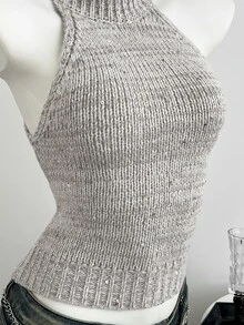 Elamini Women's Grey Sexy Casual Fashion Shiny Sequin Daily Commute Date Party Everyday Homewear Outfit Summer/ High Neck Halter Sweater Vest Tank Top - Grey - View 7