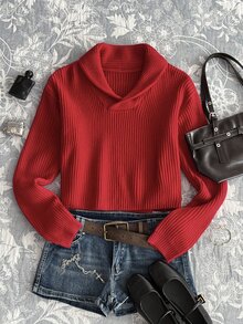 Elamini Women's Casual Versatile Red Daily Commute Christmas Outfit Autumn Winter Pullover Sweater - Red - View 4