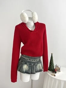 Elamini Women's Casual Versatile Red Daily Commute Christmas Outfit Autumn Winter Pullover Sweater - Red - View 1