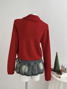 Elamini Women's Casual Versatile Red Daily Commute Christmas Outfit Autumn Winter Pullover Sweater - Red - View 2
