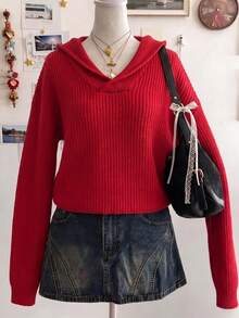 Elamini Women's Casual Versatile Red Daily Commute Christmas Outfit Autumn Winter Pullover Sweater - Red - View 3
