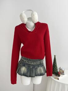 Elamini Women's Casual Versatile Red Daily Commute Christmas Outfit Autumn Winter Pullover Sweater - Red - View 6