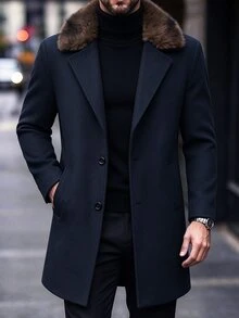 Manfinity CasualCool 男士深藍色時尚大毛領中長版奢華商務風格羊毛風衣 - 藏蓝色 - 查看 4
