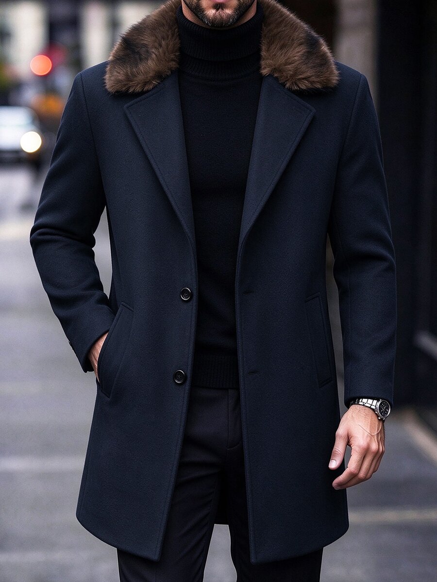 Manfinity CasualCool Men's Navy Blue Fashionable Large Fur Collar Mid-Length Luxury Style Business Coat Wool Trench Coat - Navy Blue - View 1
