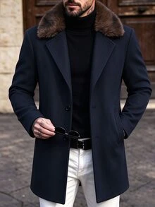 Manfinity CasualCool 男士深藍色時尚大毛領中長版奢華商務風格羊毛風衣 - 藏蓝色 - 查看 1
