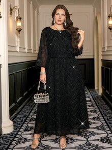 SHEIN Clasi Plus Size Black Shiny Party Formal Cocktail Evening Long Dress For Mother Fall Elegant Christmas Halloween - Black - View 7