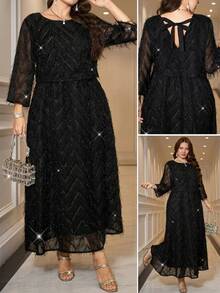 SHEIN Clasi Plus Size Black Shiny Party Formal Cocktail Evening Long Dress For Mother Fall Elegant Christmas Halloween - Black - View 3