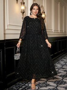 SHEIN Clasi Plus Size Black Shiny Party Formal Cocktail Evening Long Dress For Mother Fall Elegant Christmas Halloween - Black - View 6
