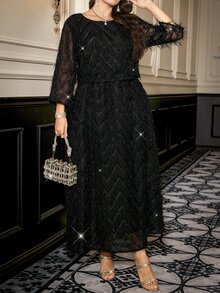 SHEIN Clasi Plus Size Black Shiny Party Formal Cocktail Evening Long Dress For Mother Fall Elegant Christmas Halloween - Black - View 10