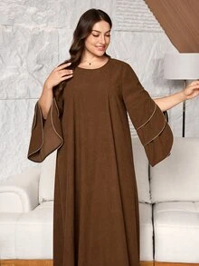 Al Najma Đầm nữ phong cách Ả Rập dáng chữ A rộng, cổ tròn, tay loe 3 lớp, thiết kế tối giản, size lớn, mặc hằng ngày - màu nâu - Xem 4
