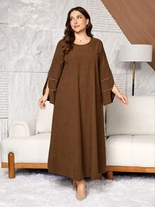 Al Najma Đầm nữ phong cách Ả Rập dáng chữ A rộng, cổ tròn, tay loe 3 lớp, thiết kế tối giản, size lớn, mặc hằng ngày - màu nâu - Xem 5