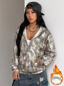 DRPCRD 男女款秋冬街頭休閒森林迷彩圖案日常外出灰色迷彩寬鬆長袖拉鍊連帽衛衣 - 軍綠色 - 查看 4
