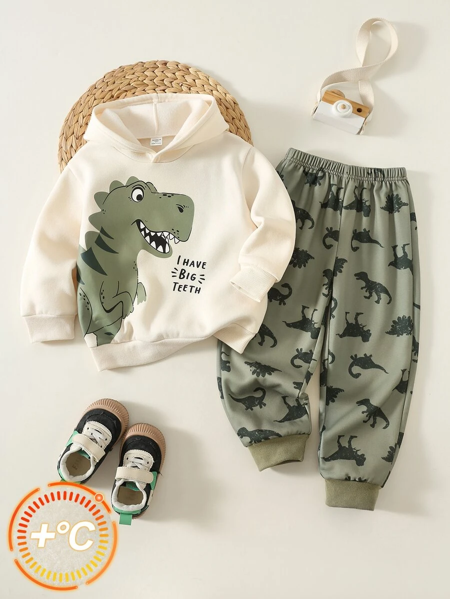 SHEIN 2pcs/Set Kids Young Boy Autumn/Winter Casual Sweatshirt And Pants Set, Dinosaur Cute Outfit - Multicolor - View 1