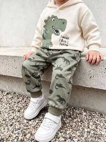 SHEIN 2pcs/Set Kids Young Boy Autumn/Winter Casual Sweatshirt And Pants Set, Dinosaur Cute Outfit - Multicolor - View 3