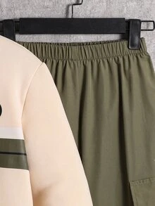 SHEIN 2件組 青少年男孩秋冬休閒字母印花長袖衛衣與工裝褲運動套裝 - 彩色 - 查看 7