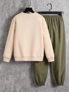 SHEIN 2件組 青少年男孩秋冬休閒字母印花長袖衛衣與工裝褲運動套裝 - 彩色 - 查看 2