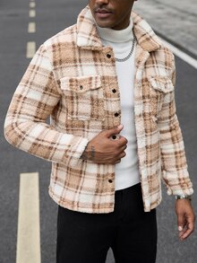Manfinity CasualCool 男士冬季休閒襯衫，格紋簡約都市保暖長袖夾克，適合約會、派對、聖誕節或作為給丈夫的新年禮物 - 彩色 - 查看 4