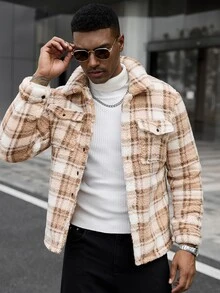 Manfinity CasualCool 男士冬季休閒襯衫，格紋簡約都市保暖長袖夾克，適合約會、派對、聖誕節或作為給丈夫的新年禮物 - 彩色 - 查看 6