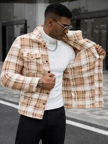 Manfinity CasualCool 男士冬季休閒襯衫，格紋簡約都市保暖長袖夾克，適合約會、派對、聖誕節或作為給丈夫的新年禮物 - 彩色 - 查看 5