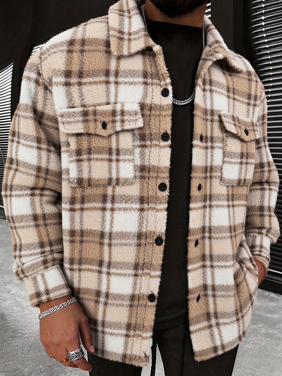 Manfinity CasualCool 男士冬季休閒襯衫,格紋簡約都市保暖長袖夾克,適合約會、派對、聖誕節或作為給丈夫的新年禮物 - 彩色 - 查看 1