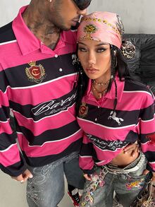 DRPCRD 男女款秋冬外出日常街頭風嘻哈休閒Y2K粉色條紋圖案長袖 Polo T恤，情侶裝 - 粉色 - 查看 3
