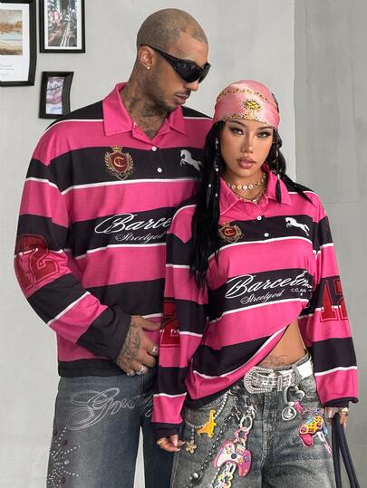 DRPCRD Dam/herr höst/vinter streetwear för vardag och utgång, hiphop casual Y2K rosa randig långärmad polotröja med grafik, paroutfit