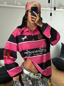 DRPCRD 男女款秋冬外出日常街頭風嘻哈休閒Y2K粉色條紋圖案長袖 Polo T恤，情侶裝 - 粉色 - 查看 6