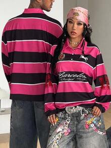 DRPCRD 男女款秋冬外出日常街頭風嘻哈休閒Y2K粉色條紋圖案長袖 Polo T恤，情侶裝 - 粉色 - 查看 4