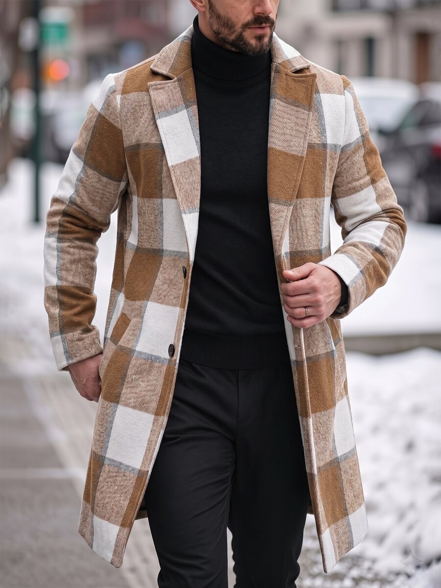 Manfinity CasualCool Men's Plaid Button-Up Long-Sleeve Coat, Fall And Style. Office Work Brown Plaid Casual Streetwear - Multicolor - View 1
