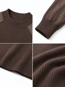 SHEIN Women's Autumn Thin Hollow Knit Top Slim Fit Elegant Solid Color Inner Layer Round Neck Sweater - Brown - View 5