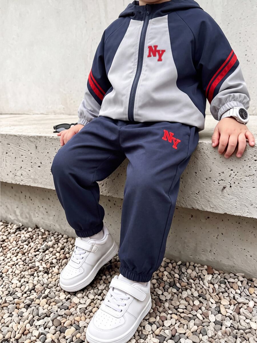 SHEIN 2pcs/Set Kids Young Boy Autumn/Winter Casual Colorblock Jacket And Pants Set, Sweatshirt Set, Boys Outfit, Autumn/Winter Set, Sports Set - Multicolor - View 1