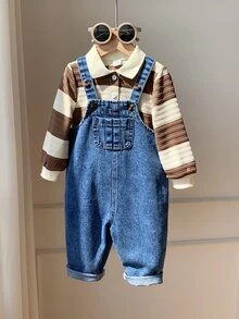 SHEIN 2pcs Baby Boy Autumn/Winter Casual Sweatshirt And Denim Overalls Set, Sweatshirt Set, Infant Outfit, Autumn/Winter Set, Striped Set, Striped Set - Multicolor - View 4