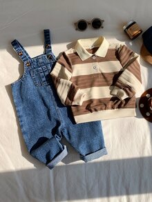 SHEIN 2pcs Baby Boy Autumn/Winter Casual Sweatshirt And Denim Overalls Set, Sweatshirt Set, Infant Outfit, Autumn/Winter Set, Striped Set, Striped Set - Multicolor - View 3
