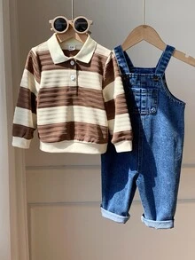 SHEIN 2pcs Baby Boy Autumn/Winter Casual Sweatshirt And Denim Overalls Set, Sweatshirt Set, Infant Outfit, Autumn/Winter Set, Striped Set, Striped Set - Multicolor - View 5