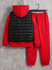SHEIN 3件組兒童青少年男孩秋冬休閒黑色保暖內裡背心外套連帽衫與長褲套裝，外套套裝，男孩套裝，秋冬套裝，運動套裝 - 彩色 - 查看 3