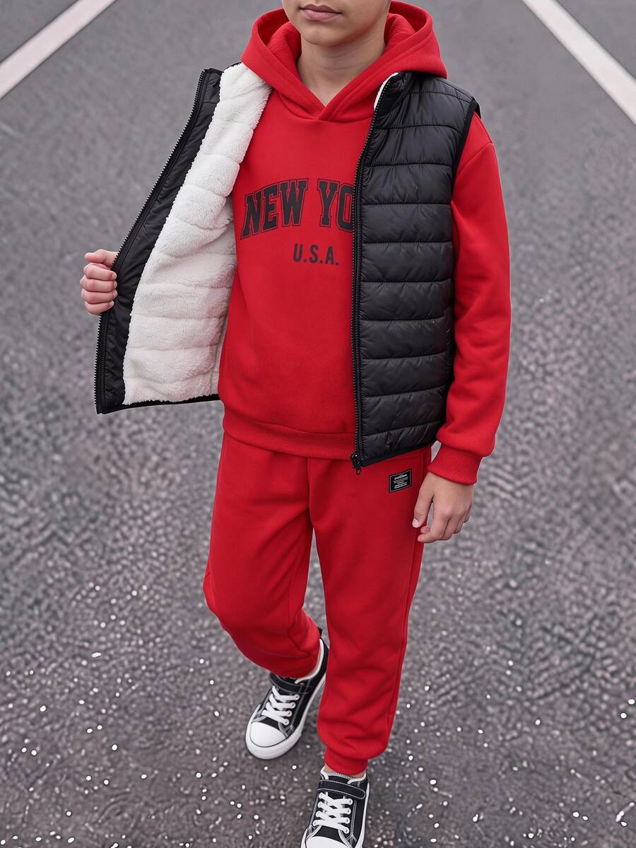 SHEIN 3件組兒童青少年男孩秋冬休閒黑色保暖內裡背心外套連帽衫與長褲套裝,外套套裝,男孩套裝,秋冬套裝,運動套裝 - 彩色 - 查看 1