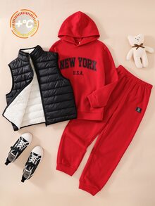 SHEIN 3件組兒童青少年男孩秋冬休閒黑色保暖內裡背心外套連帽衫與長褲套裝，外套套裝，男孩套裝，秋冬套裝，運動套裝 - 彩色 - 查看 4