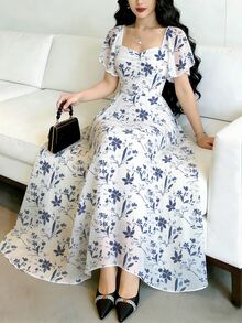 Modelyn Cobalt Blue Ditsy Floral Ruched Square Neck Flutter Sleeve Dress, Waist Cinched Elegant Floral Long Fall White Dress For Vacation And Daily Wear - Multicolor - View 3