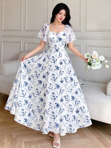 Modelyn Cobalt Blue Ditsy Floral Ruched Square Neck Flutter Sleeve Dress, Waist Cinched Elegant Floral Long Fall White Dress For Vacation And Daily Wear - Multicolor - View 1