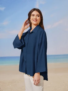 Solavon 女式超大长袖衬衫、长袖上衣 - 藏蓝色 - 查看 4