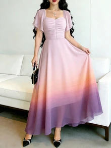 Seusyu Gradient Pink, Yellow, Purple Print Ruffle Square Neck Cap Sleeve Design Dress, Waist Cinched Elegant Long Dress For Summer Vacation & Everyday Wear - Multicolor - View 4