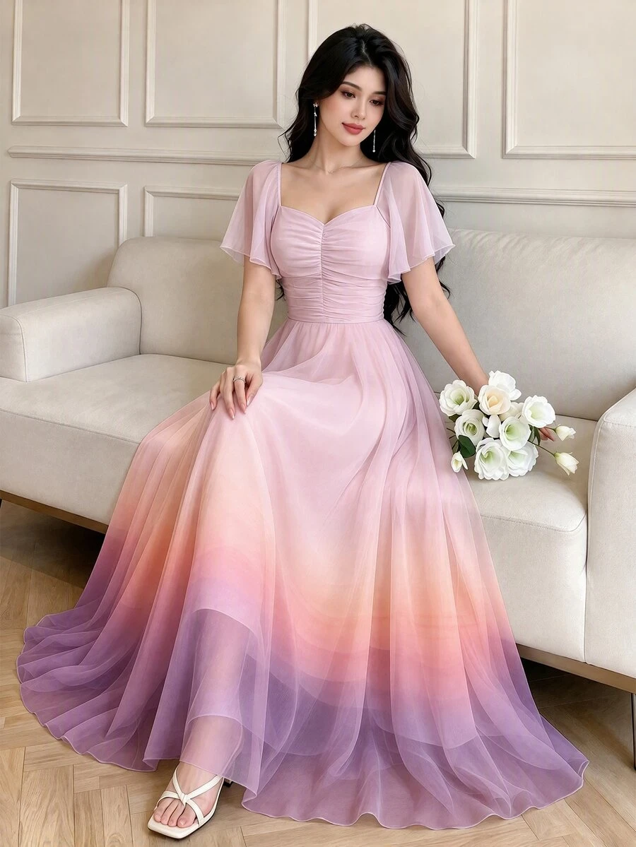 Seusyu Gradient Pink, Yellow, Purple Print Ruffle Square Neck Cap Sleeve Design Dress, Waist Cinched Elegant Long Dress For Summer Vacation & Everyday Wear - Multicolor - View 1