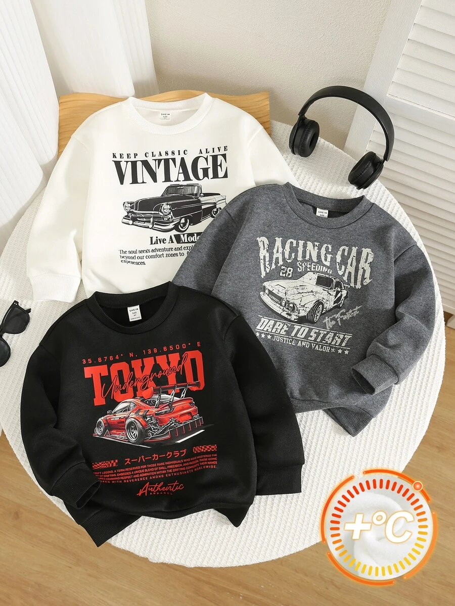 SHEIN 3pcs/Set Kids Young Boy Letter Pattern Knit Soft Crew Neck Long Sleeve Pullover Sweatshirt Basic Multi-Pack Racing Sweatshirt Red Sweatshirt Boys Sweatshirt - Multicolor - View 1