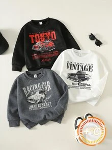 SHEIN 3pcs/Set Kids Young Boy Letter Pattern Knit Soft Crew Neck Long Sleeve Pullover Sweatshirt Basic Multi-Pack Racing Sweatshirt Red Sweatshirt Boys Sweatshirt - Multicolor - View 3